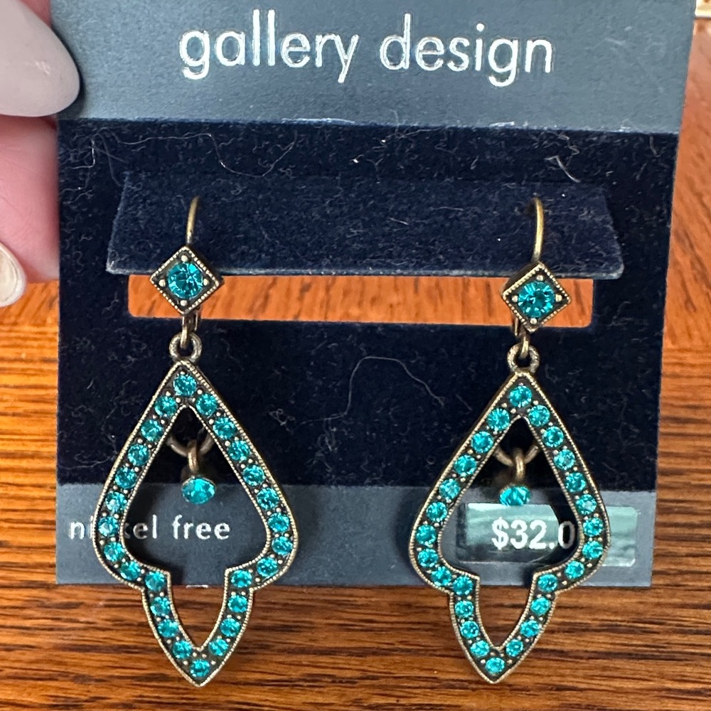 Gallery Design teal Swarovski crystal antique gold earrings